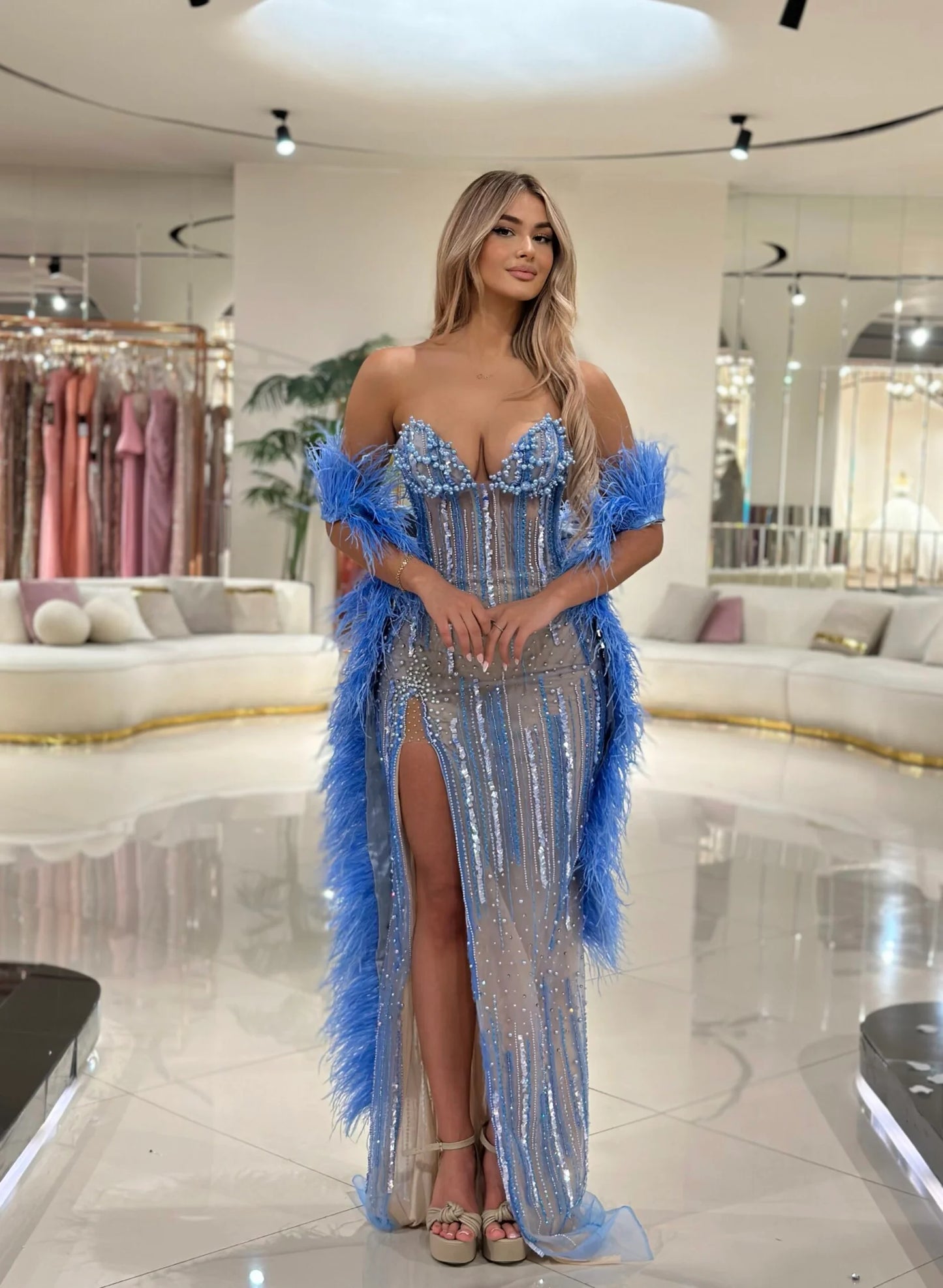 Esilia Blue Feathers Long Dress