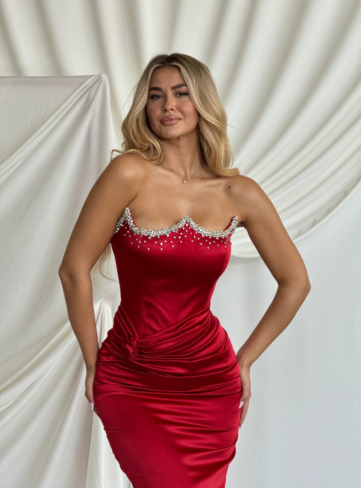 Lyra Satin Dress with Handmade Silver Stones