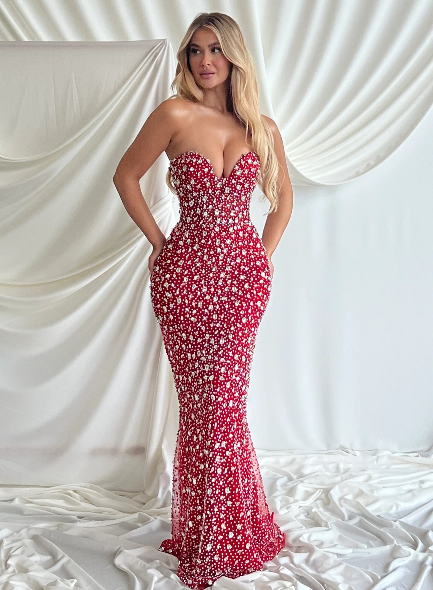 Deara Strapless Red Dress with Silver Stones