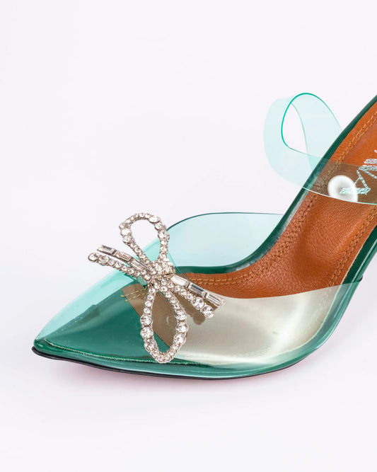Clear Stiletto Heels with Shimmering Bow