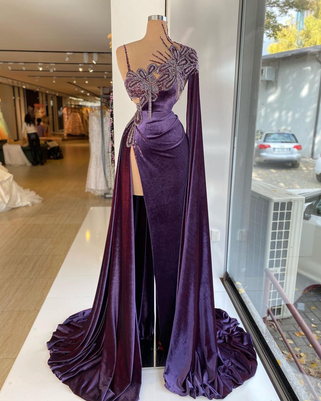 ASH_007 Stylish Purple Chest Gathered Velvet Long Dress