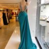 Dark Turquoise Beaded Satin Dress - Minna Fashion