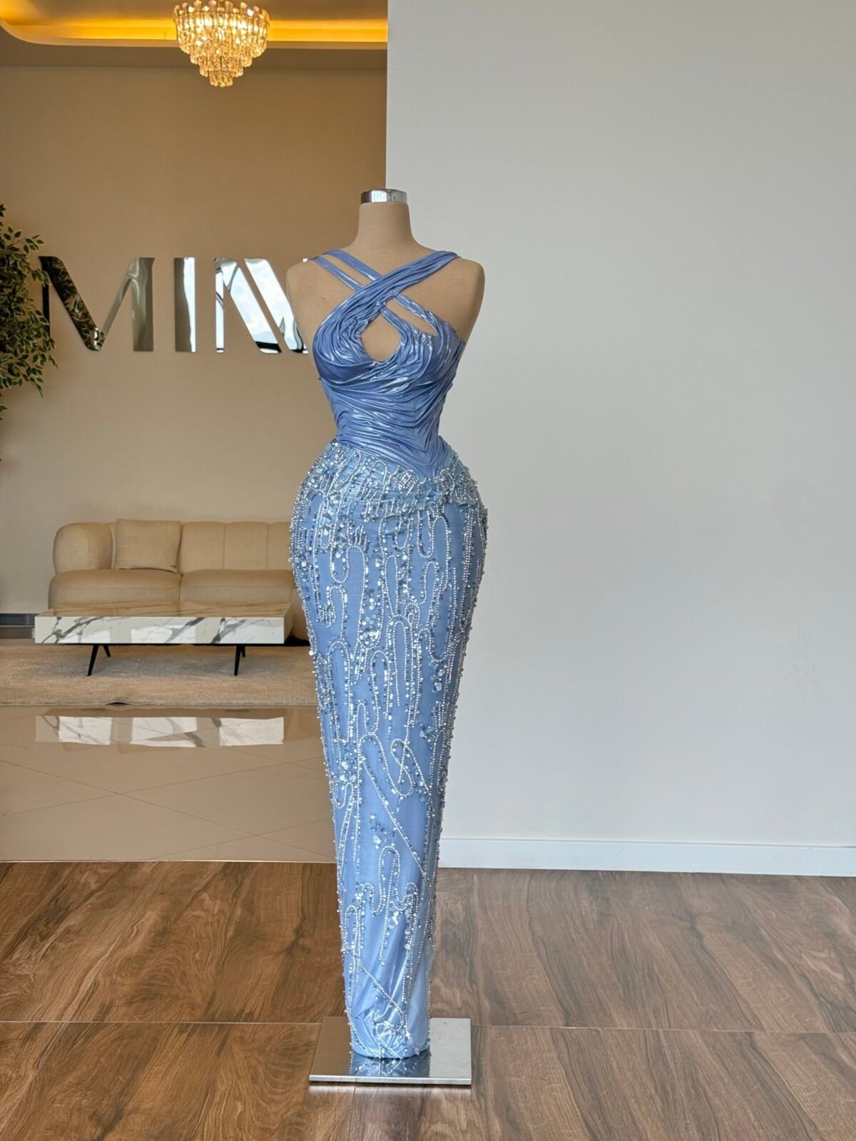 Strapless long blue dress