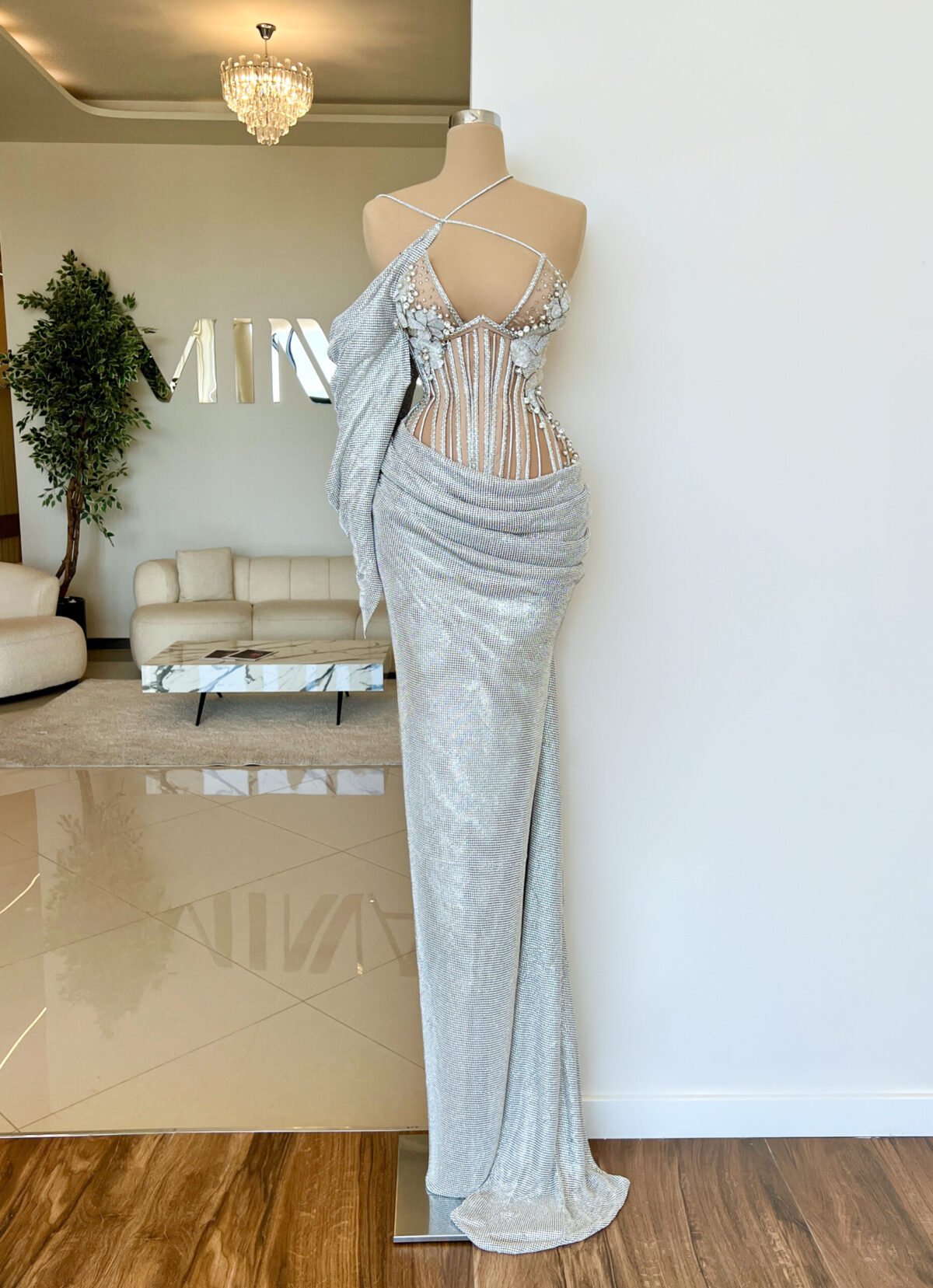 Marceline- Silver one-sleeve long dress